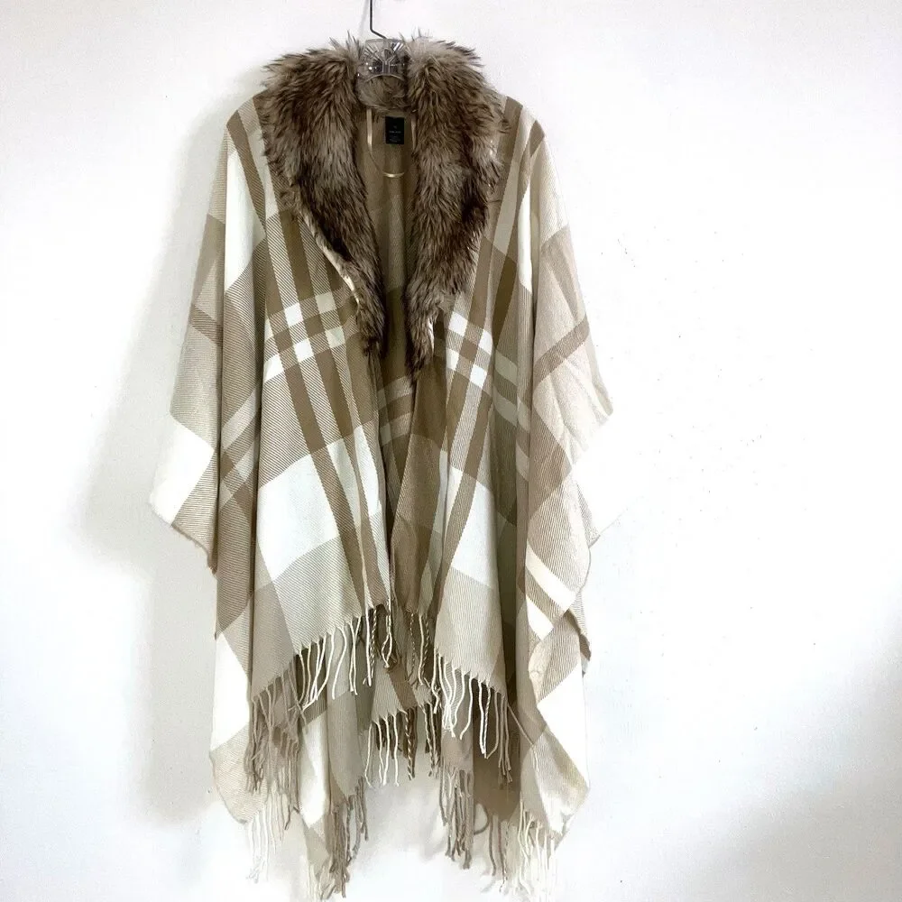 MIXIT One Size Faux Fur Collar Shawl Wrap Cape Poncho Neutral Cozy Fringe OSFM